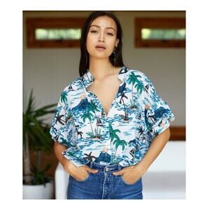 India Collection Emerson Fry Organic Cotton Mandarin Collar Top Tropics Print OS